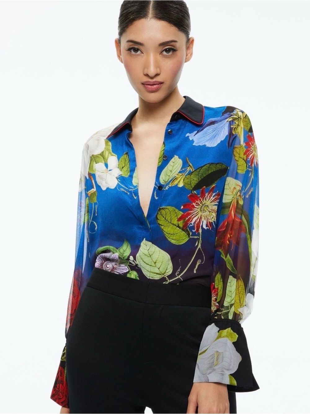 Alice + Olivia Botanical Floral Silk Blend Blouse Black Collar Red Piping M - Picture 5 of 9